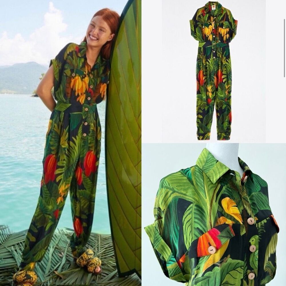 Farm Rio Jumpsuit Size Small Forest Green Print Wooden Buttons Summer Vacation F